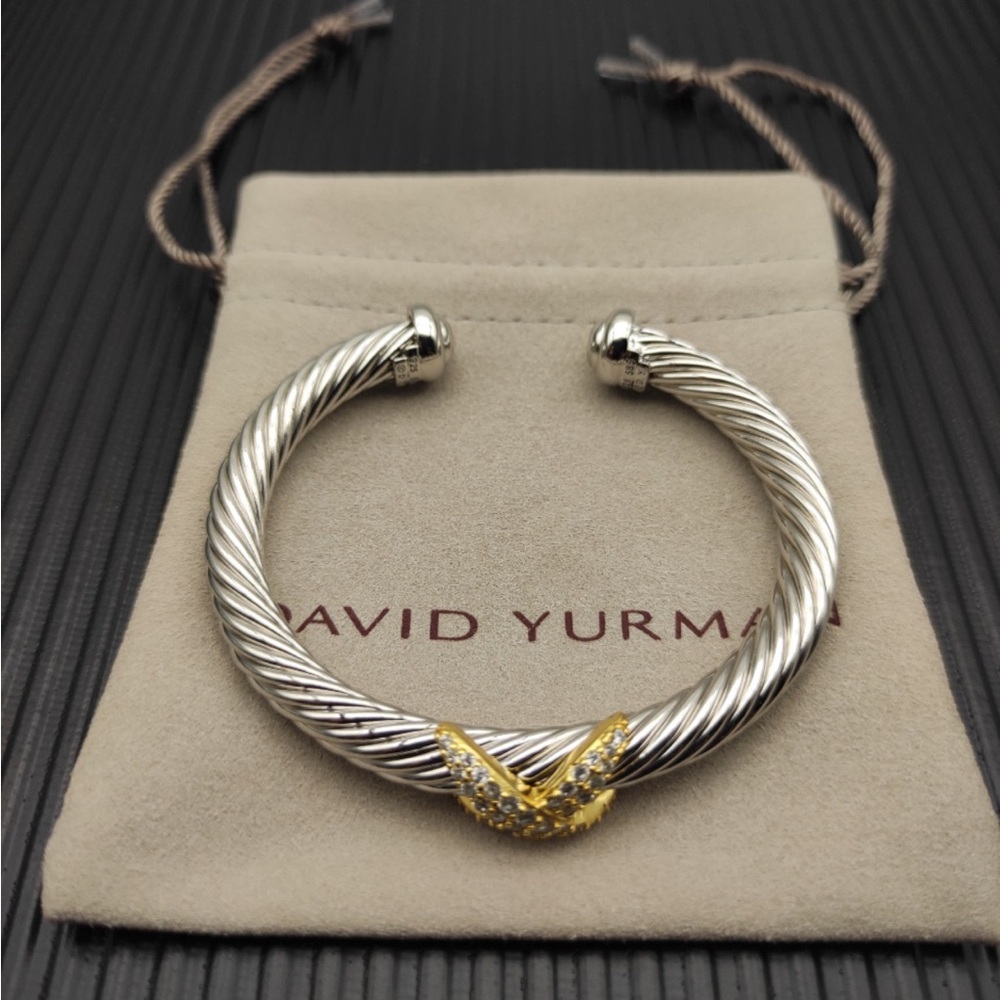 David Yurman Two-Tone Cable Cuff Bracelet with Gold Accent - Silver & Gold 7mm